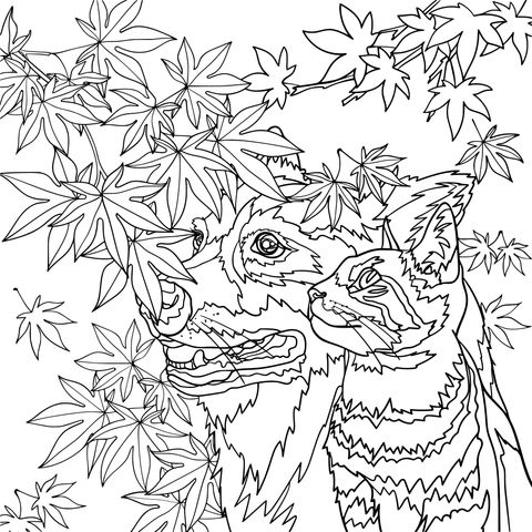 Autumn Dog and Cat with Maple Leaves Coloring Page