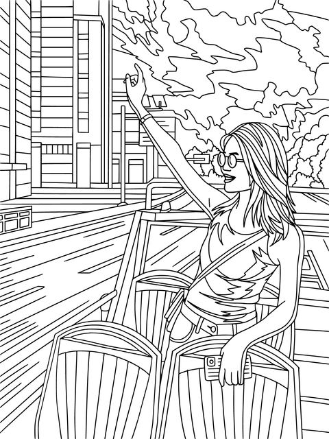 City Sightseeing Coloring Page: Happy Girl on the Bus