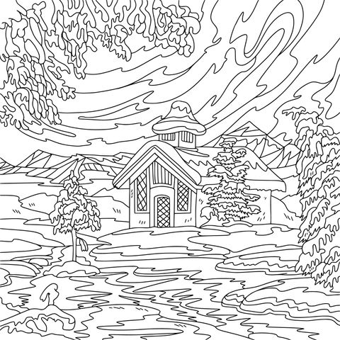 Dreamy Winter Cabin Landscape Coloring Page