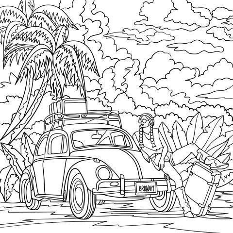 Coloring Page: A Girl and Her Pink Car on a Summer Trip