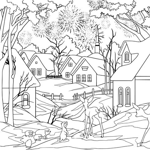 Coloring Page of an Animal Village under Winter Fireworks