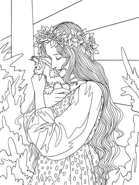 Coloring Page of a Long - Haired Woman Hugging a Kitten