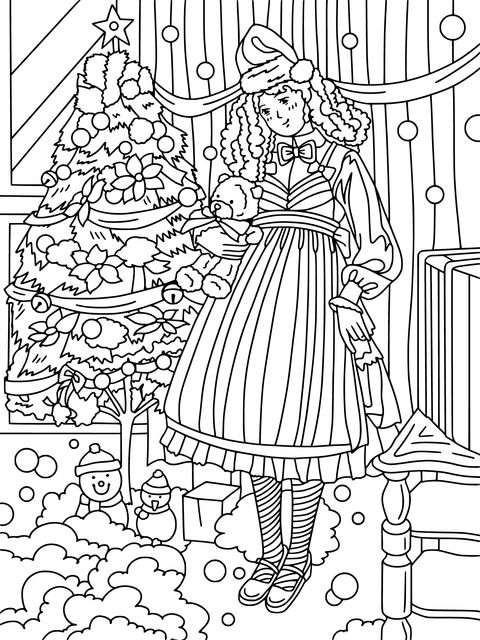 Christmas Girl and Christmas Tree Coloring Page