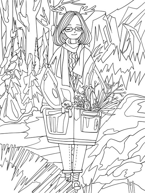 Coloring Page of a Girl Holding Flowers and a Squirrel in Winter