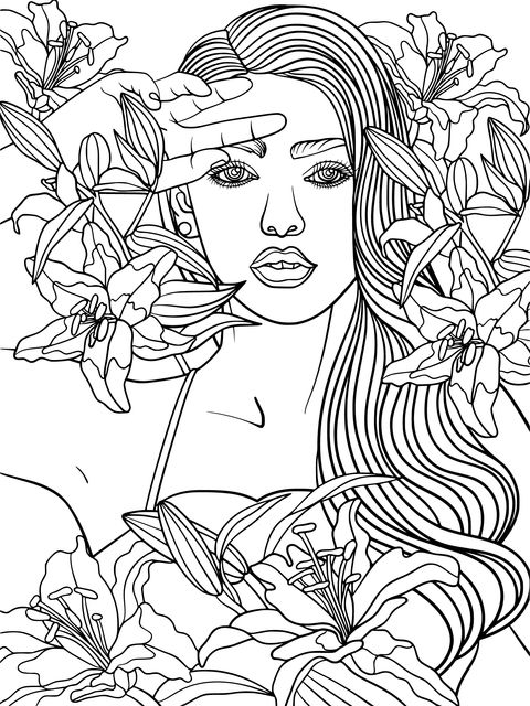 Coloring Page of a Woman Surrounded by Flowers