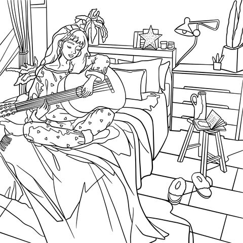 Coloring Page of a Girl Playing the Guitar in the Bedroom