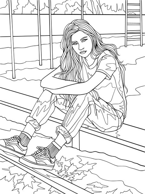 Blonde - haired Girl Sitting on Outdoor Steps Coloring Page