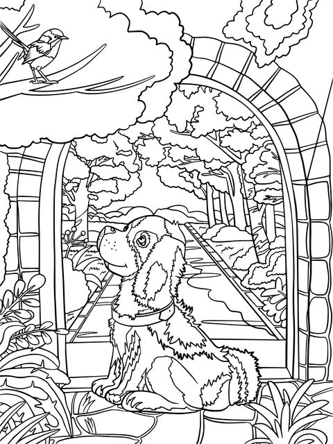 Coloring Page of a Dog and a Bird in a Garden Scene