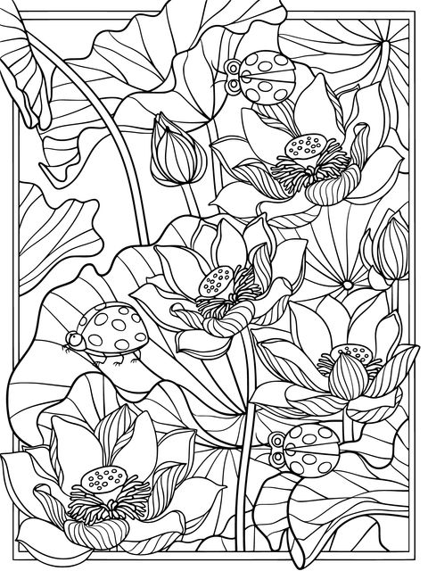 Colorful Ladybugs and Lotus Flowers Coloring Page