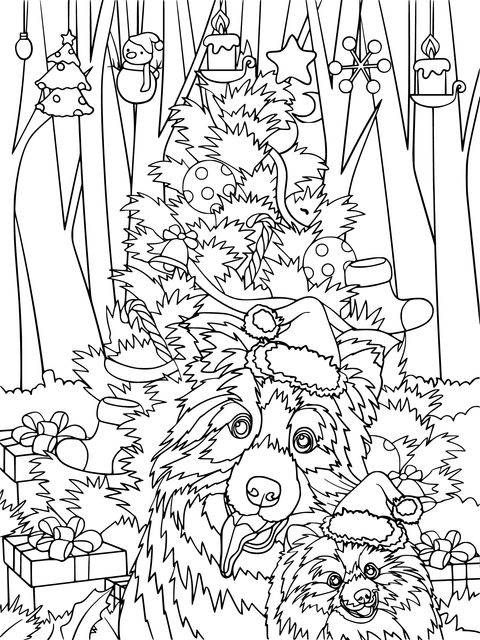 Cute Pets Under the Christmas Tree Coloring Page