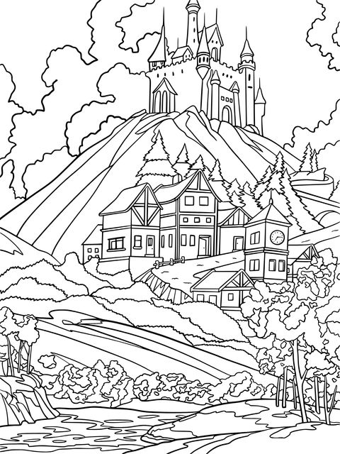 Fairytale - style Castle and Village Coloring Page