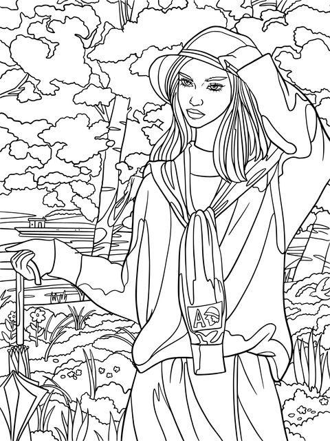 Fashionable Girl Outdoor Scenery Coloring Page