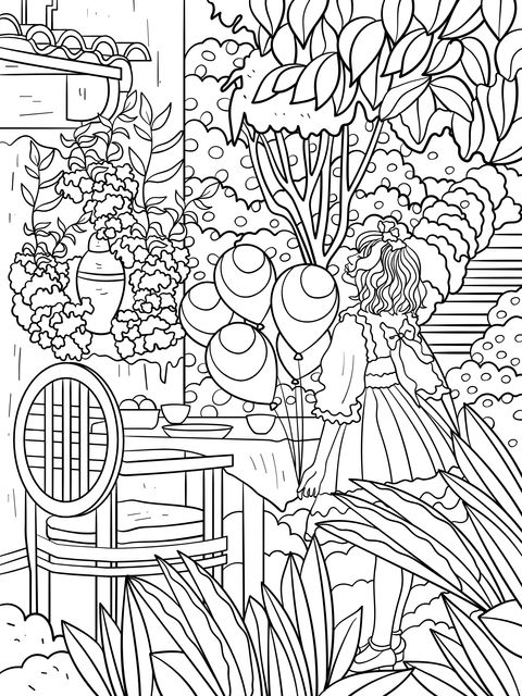 Coloring Page of a Girl in the Garden