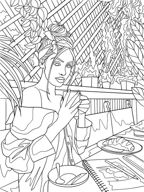 Coloring Page of a Woman Enjoying Coffee Time