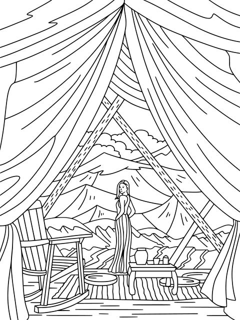 Woman looking at mountain scenery inside a tent