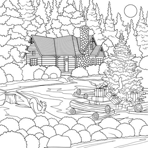 Winter Cabin and Christmas Tree Coloring Page