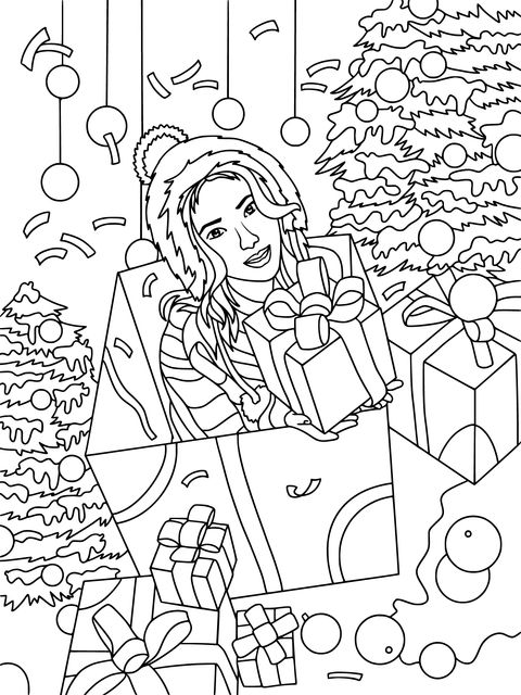 Christmas Girl with Gifts Coloring Page