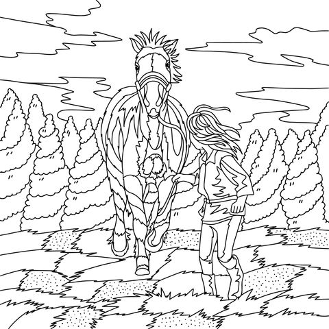 Heart - warming Scene of a Girl and a Steed Coloring Page