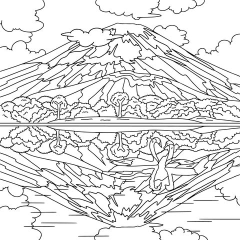 Página de Colorear de Paisaje Natural: Monte Fuji y Lago de los Cisnes