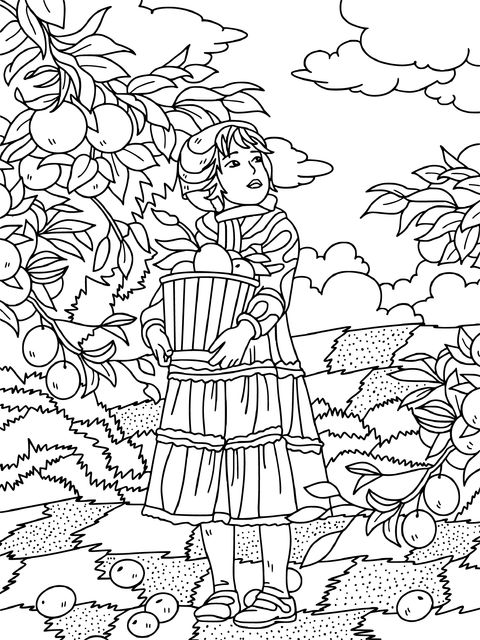 Coloring Page of a Girl Picking Oranges