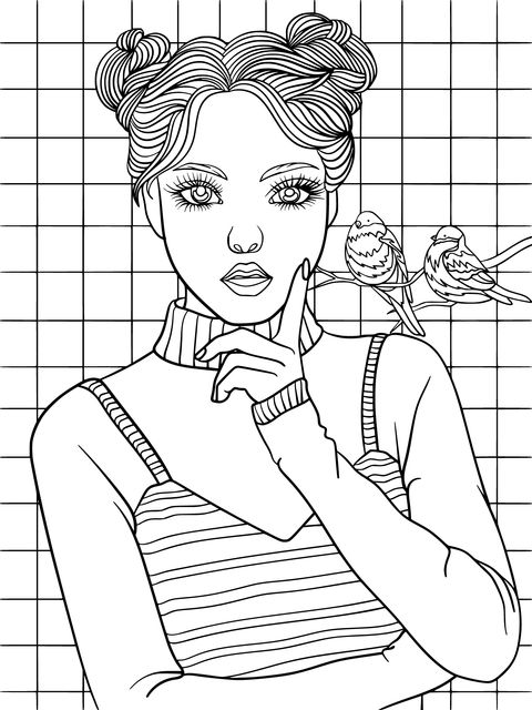 Coloring Page of a Girl with Pink Hair and Birds