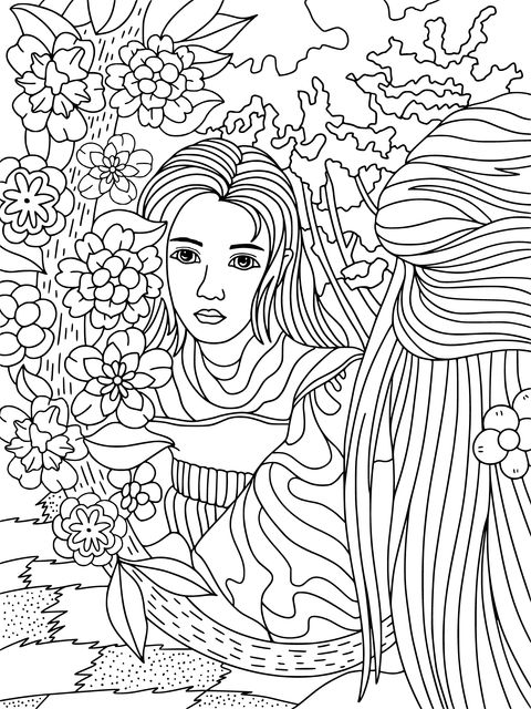 Girl by Flower - filled Bushes in Spring Coloring Page