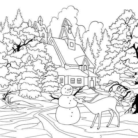 Winter Snow Scene with Snowman and Fawn Coloring Page