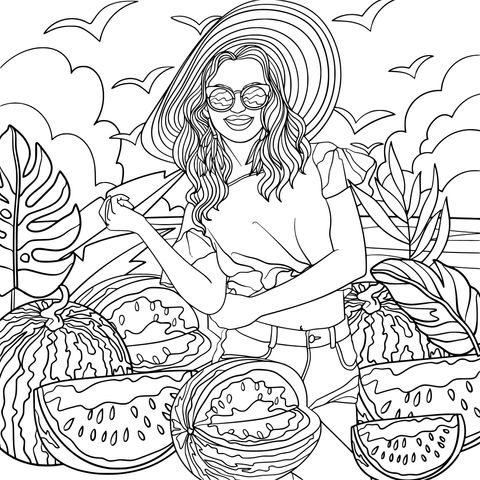 Summer Watermelon - themed Coloring Page Illustration