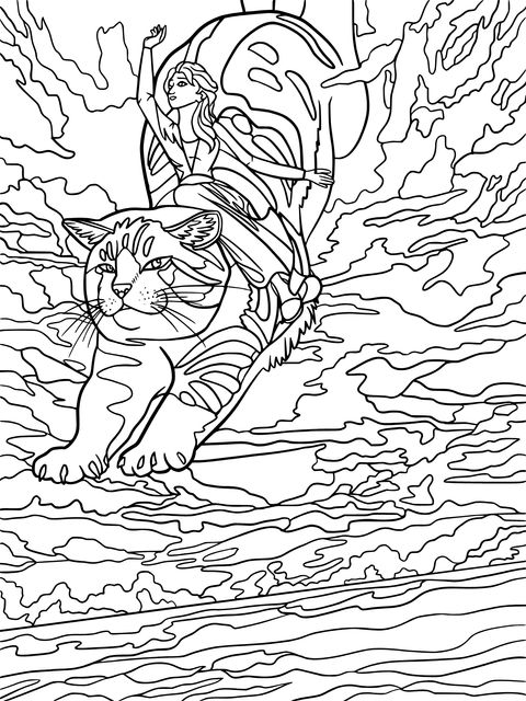 Fantasy Illustration: Woman Riding a Cat Soaring in the Clouds Coloring Page