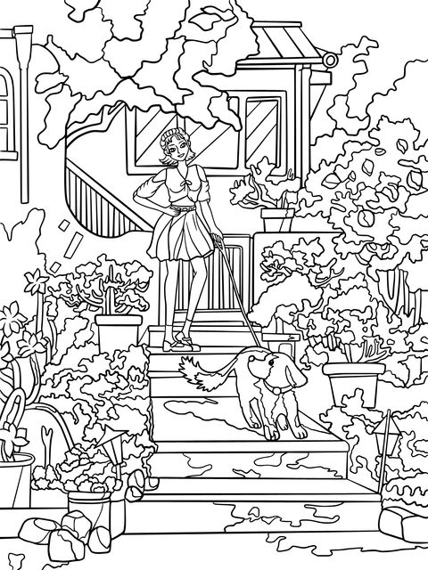 Coloring Page of a Girl and a Dog in the Courtyard