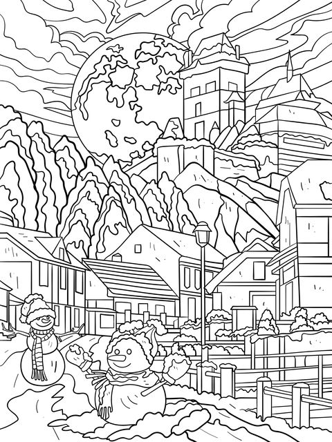 Winter Snow Scene and Snowman Coloring Page