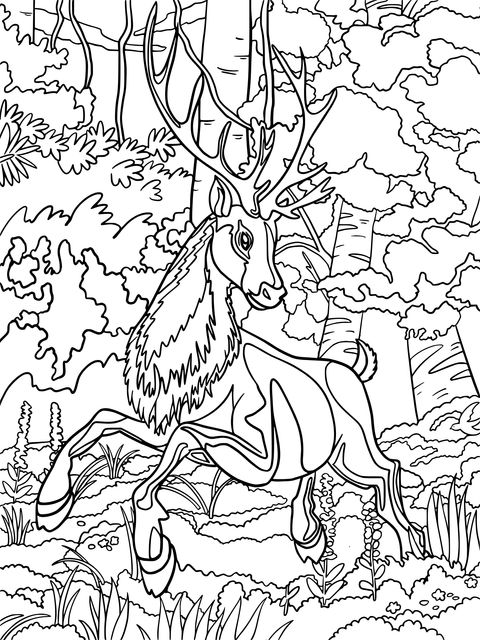 Coloring Page of a Leaping Deer in the Forest