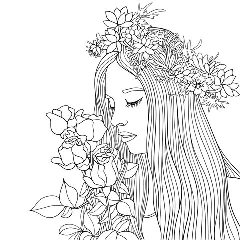 Coloring Page of a Flower - Crowned Girl Holding Flowers