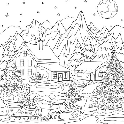 Mountain Snow Scene and Santa Claus on Christmas Eve