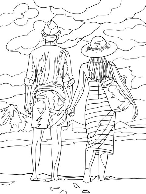 Couple Holding Hands by the Seaside Coloring Page