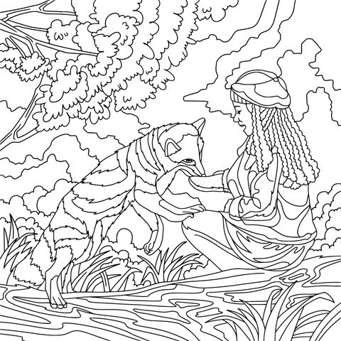 Heart - warming Interaction between a Girl and a Fox Coloring Page