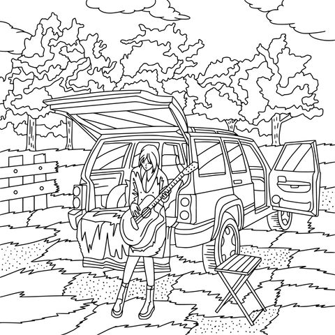 Coloring Page of a Girl Playing Guitar Outdoors