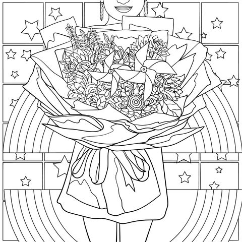 Coloring Page of a Girl Holding a Colorful Bouquet