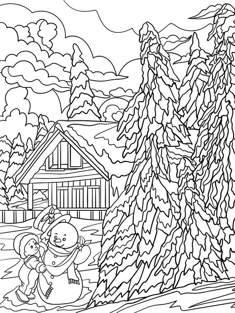 Winter Snow Scene and Snowman Coloring Page