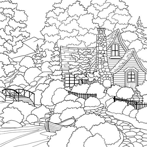 Winter Cottage Landscape Coloring Page