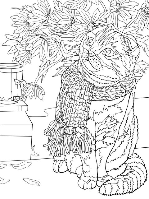 Adorable Cat and Flowers Coloring Page