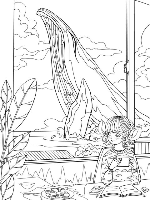 Fantasy Whale and Elf Girl Coloring Page