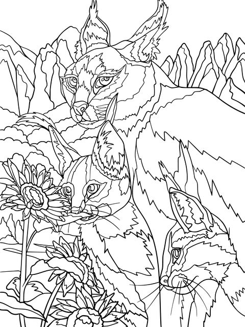 Lynx Family in Mountain Scenery Coloring Page