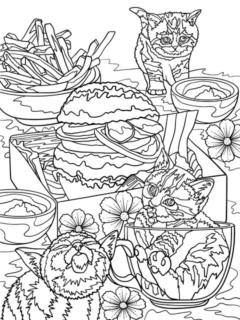 Coloring Page of Cats and Delicacies