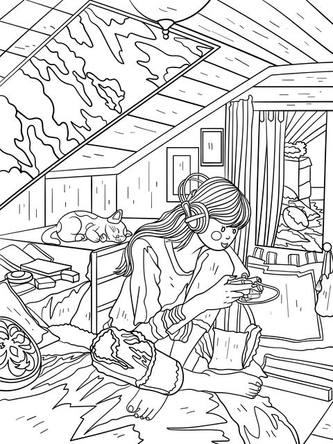 Girl listening to music in a cozy attic coloring page