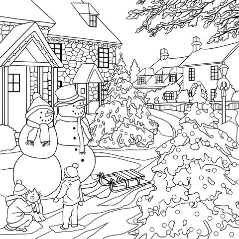 Coloring Page of a Winter Snow Scene and Joyful Children