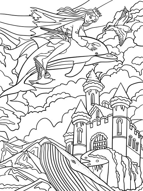 Fantasy Coloring Page: Princess Riding a Dolphin