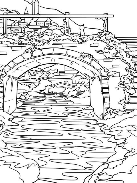 Fairytale - style Stone Bridge and River Coloring Page