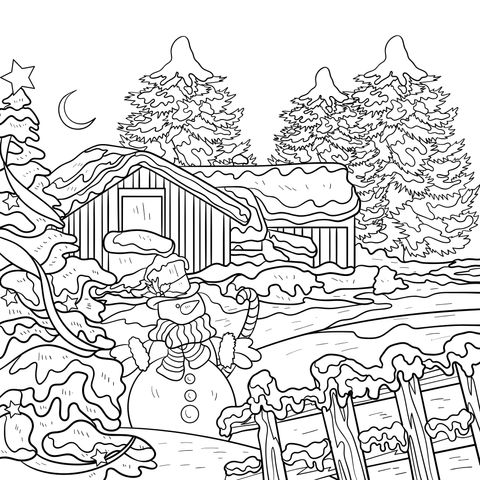 Christmas Snow Scene Coloring Page: Snowman, Log - cabin and Christmas Tree