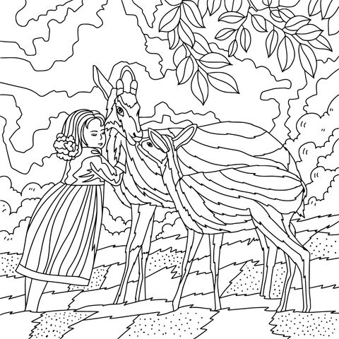 Heart - warming Coloring Page of a Girl and Deer